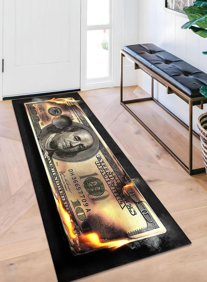 DVKKHD Non Slip Runner Rug for Hallway, Modern Money Rug, Burning 100 Dollar Bill Area Rug for Bedroom, Indoor Washable Rugs for Kitchen and Bathroom, Cool Living Room Carpet, Entry Mat 24”x59”